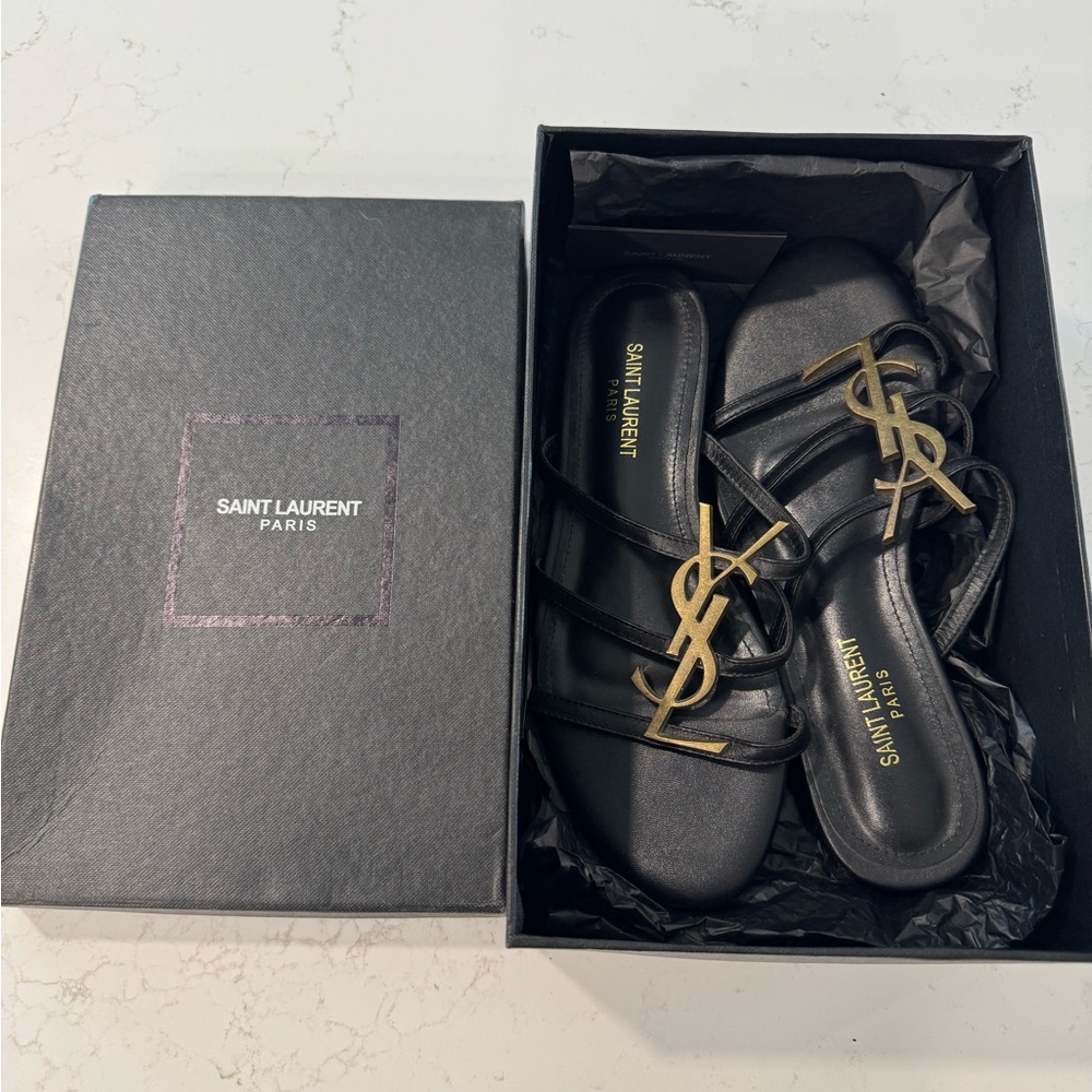 Saint Laurent Black and Gold Sandals